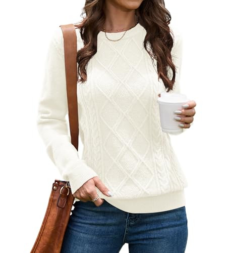 VIISHOW Women's Long Sleeve Cable Knit Sweater Cream Sweater Crew Neck Casual Fall Winter Knit Pullover Jumper Tops,Pure White,Large | Amazon (US)