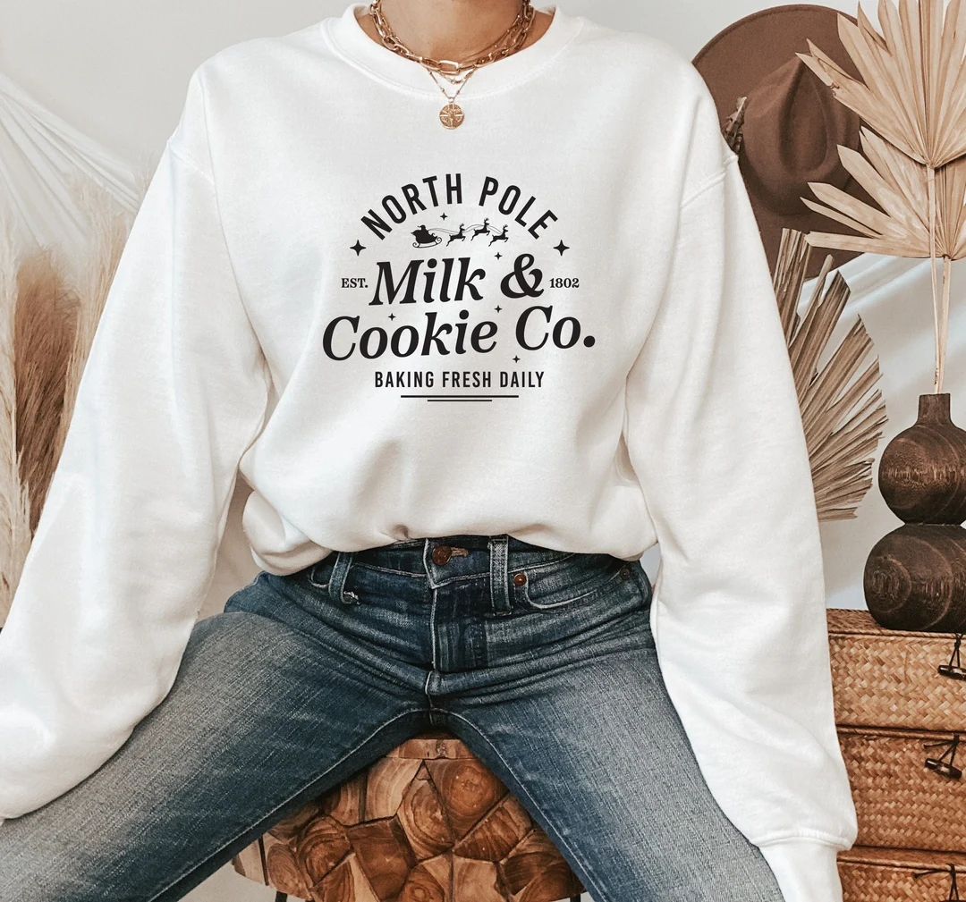 North Pole Milk & Cookie Co Sweatshirt, Christmas Sweatshirt, Santa Sweater, North Pole Sweat, Co... | Etsy (US)