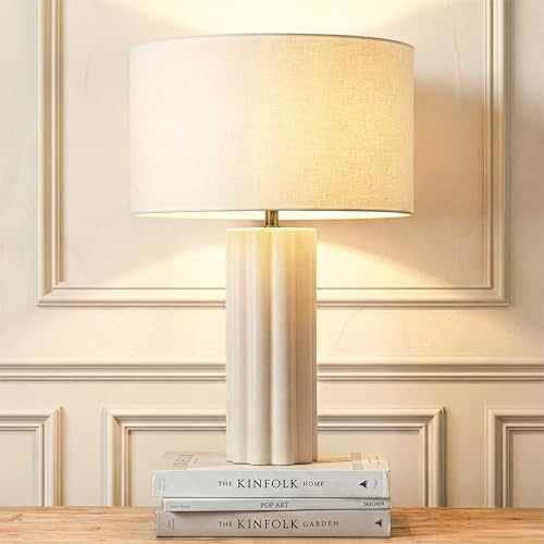 Brightech Becca 20" LED Desk Lamp - Tall Cream Table Lamp with Ceramic Base, Cotton Lampshade for Bedroom, Living Room, Bedside, Office - 3000k Soft White Light for Nightstand, Side Table, Reading | Amazon (US)