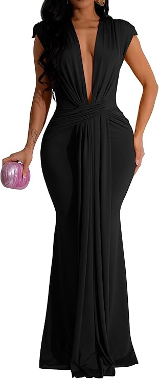 Memoriesea Women's Elegant Sleeveless Deep V Neck Bodycon Party Evening Gown Maxi Dress | Amazon (US)