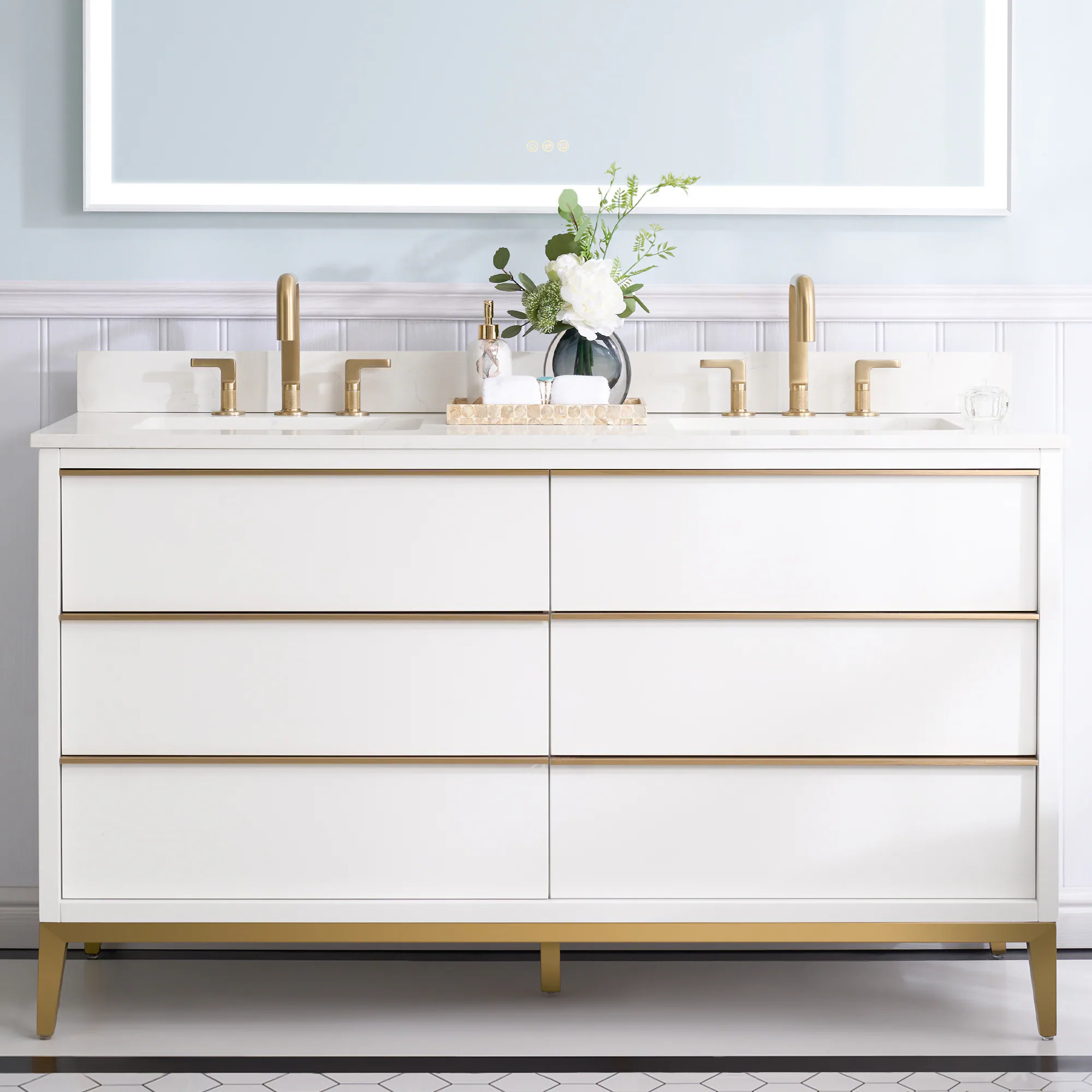 Ayelon 60 White Undermount Double Sink Bathroom Vanity with Carrara White Quartz Top Marble | NFLV60QZ-WT | Lowe's