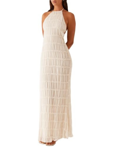 Faymlc Women Halter Neck Pleated Maxi Dress Sleeveless Backless Smocked Long Dress Open Back Flowy Sundress Vacation Dresses (Apricot, XL) | Amazon (US)