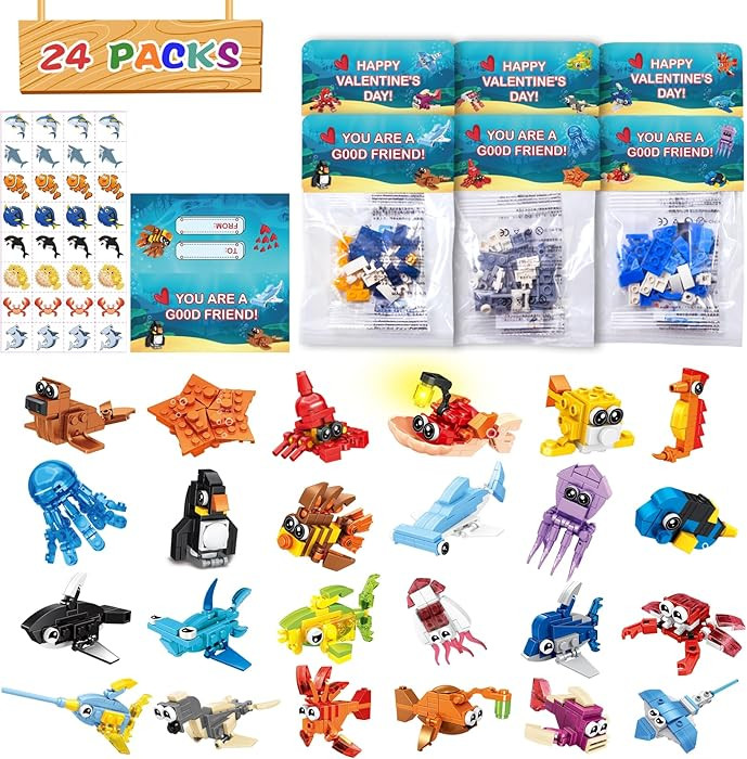 24 Packs Valentines Day Gifts for Kids School, Sea Animal Building Blocks Classroom, Class Gifts ... | Amazon (US)