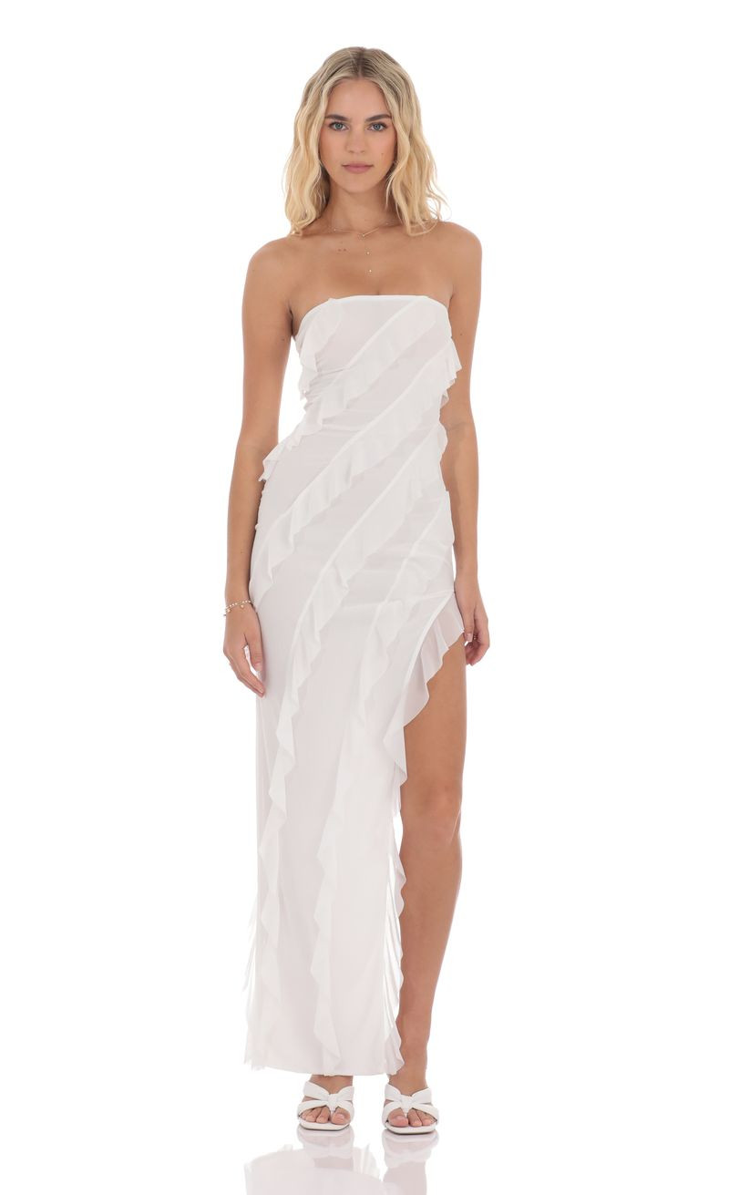 Mesh Ruffle Strapless Maxi Dress in White | Lucy in the Sky