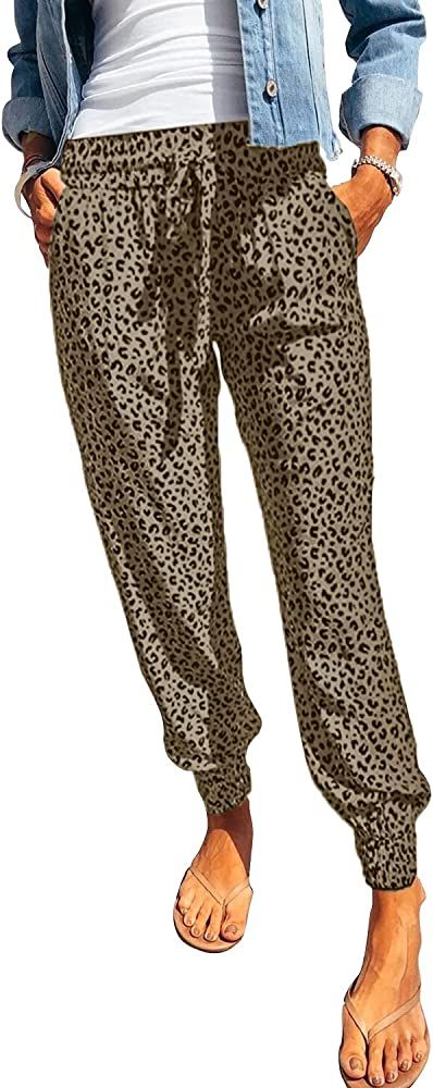 Amazon.com: onlypuff White Leopard Print Pants Women Casual Drawstring Elastic Waist Lounge Pant ... | Amazon (US)