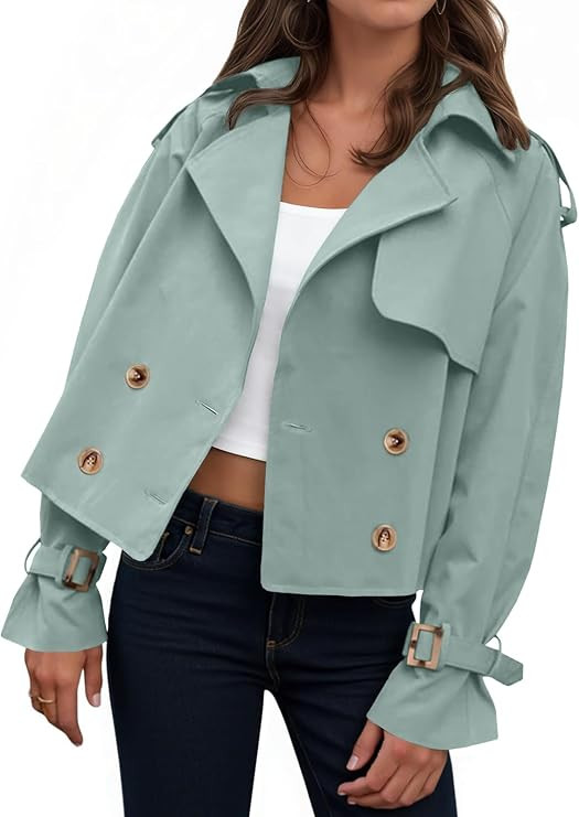Tankaneo Womens Cropped Trench Coat Oversized Double Breasted Lapel Long Sleeve Short Jacket Fash... | Amazon (US)