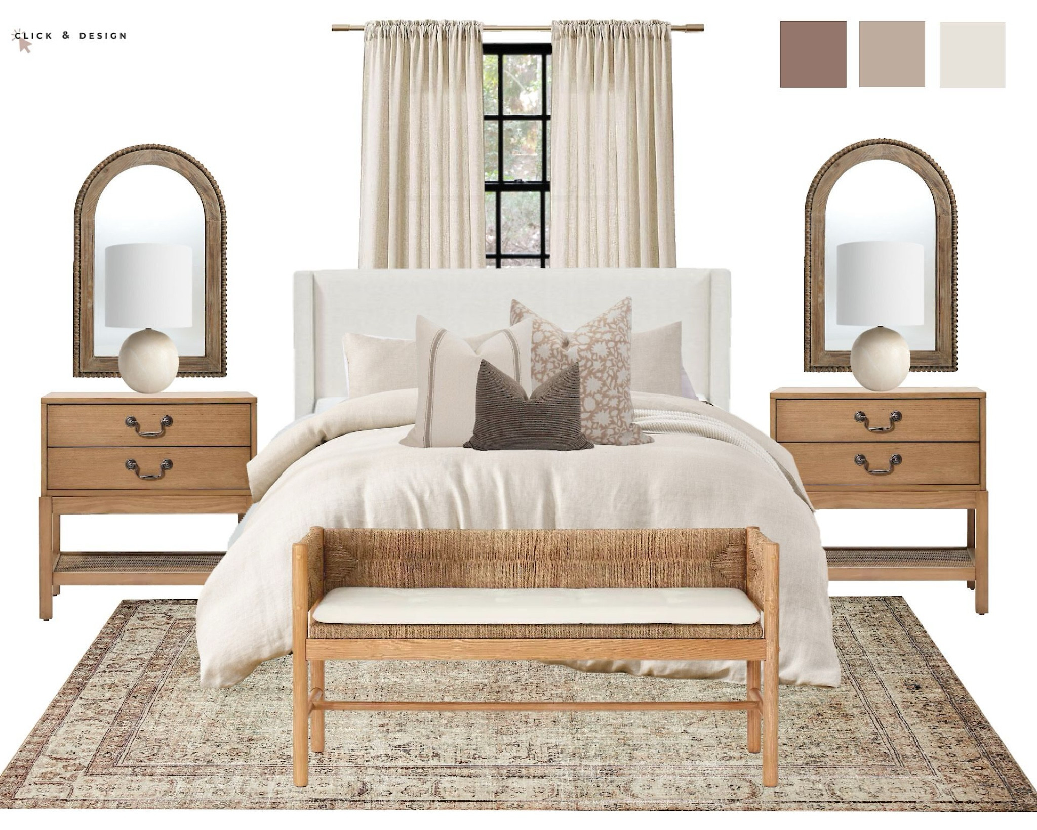 Calming neutral transitional bedroom with arched mirrors.

#LTKHome