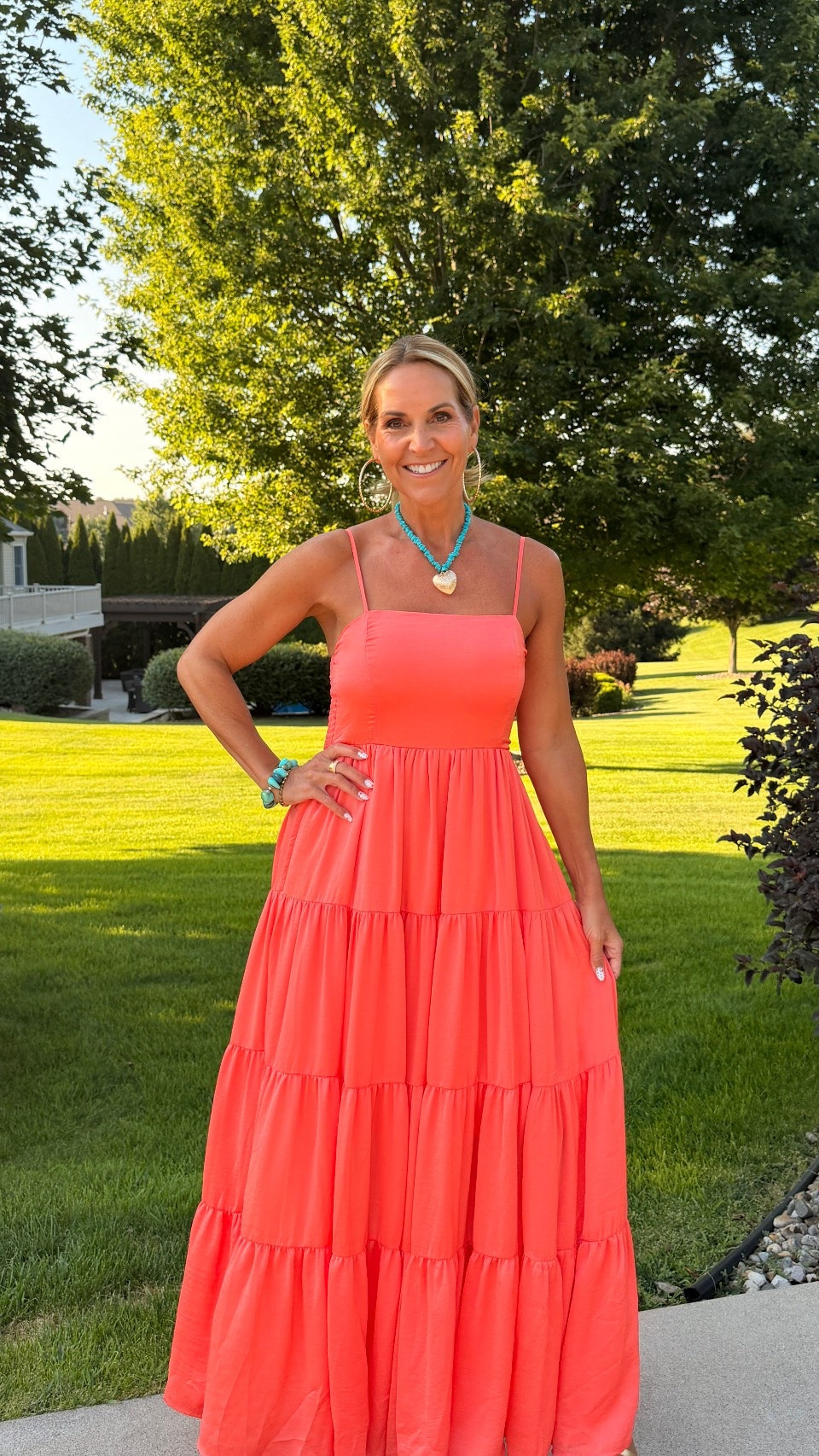 Gorgeous color for the most comfortable summer dress.  This flowy maxi dress has a silky feel, boasts adjustable straps, and a stretchy bodice. ￼
Wearing a size small.


Summer dresses, colorful, wedding guest dress￼