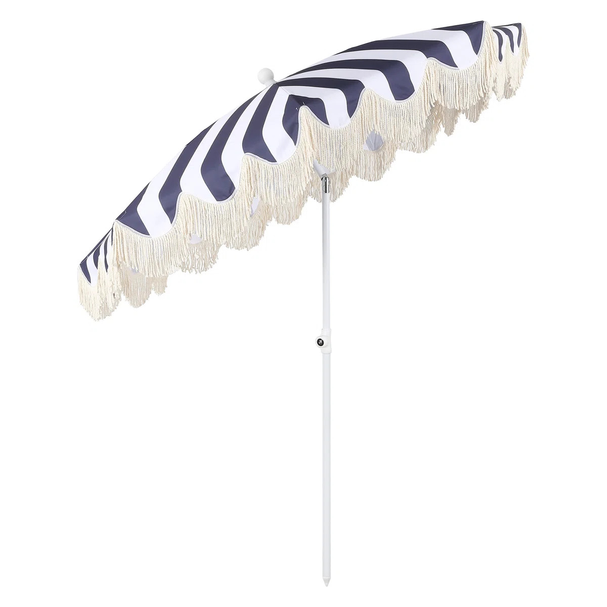 Mariner 6.5 ft. Striped Round Outdoor Beach Umbrella with Fringe, Push-Button Tilt, UV 50, Navy/W... | Wayfair North America