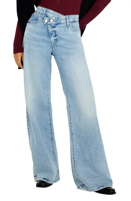 Good American Good Ease Crossover Waist Wide Leg Jeans in Indigo712 at Nordstrom | Nordstrom