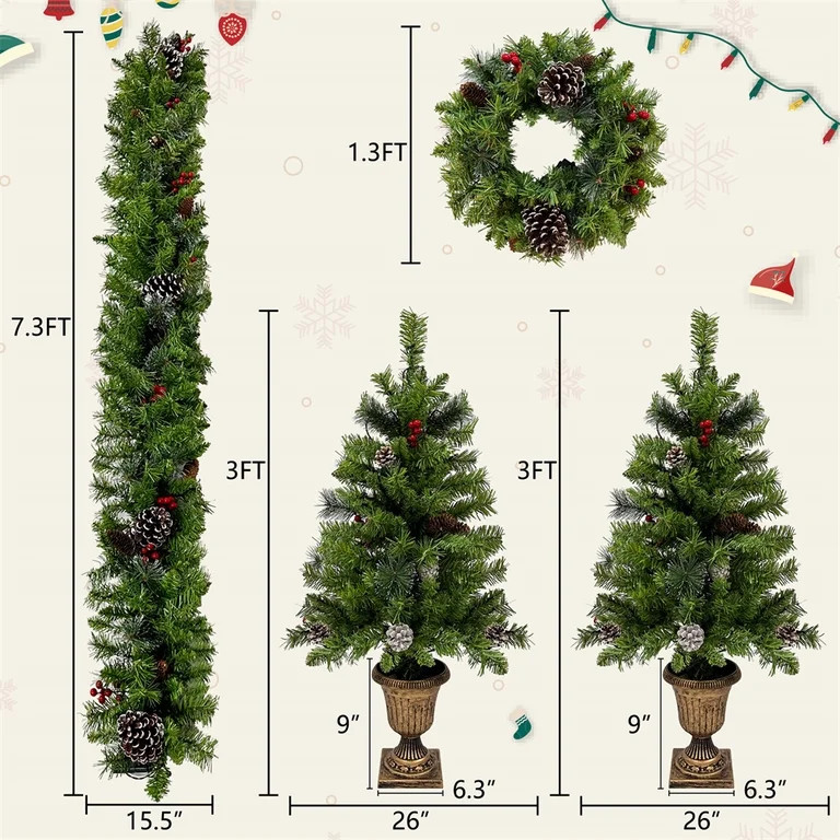 Christmas Tree 4-Piece Set, Pre-lit Artificial Xmas Tree Set with 2 Entrance Trees with LED Light... | Walmart (US)