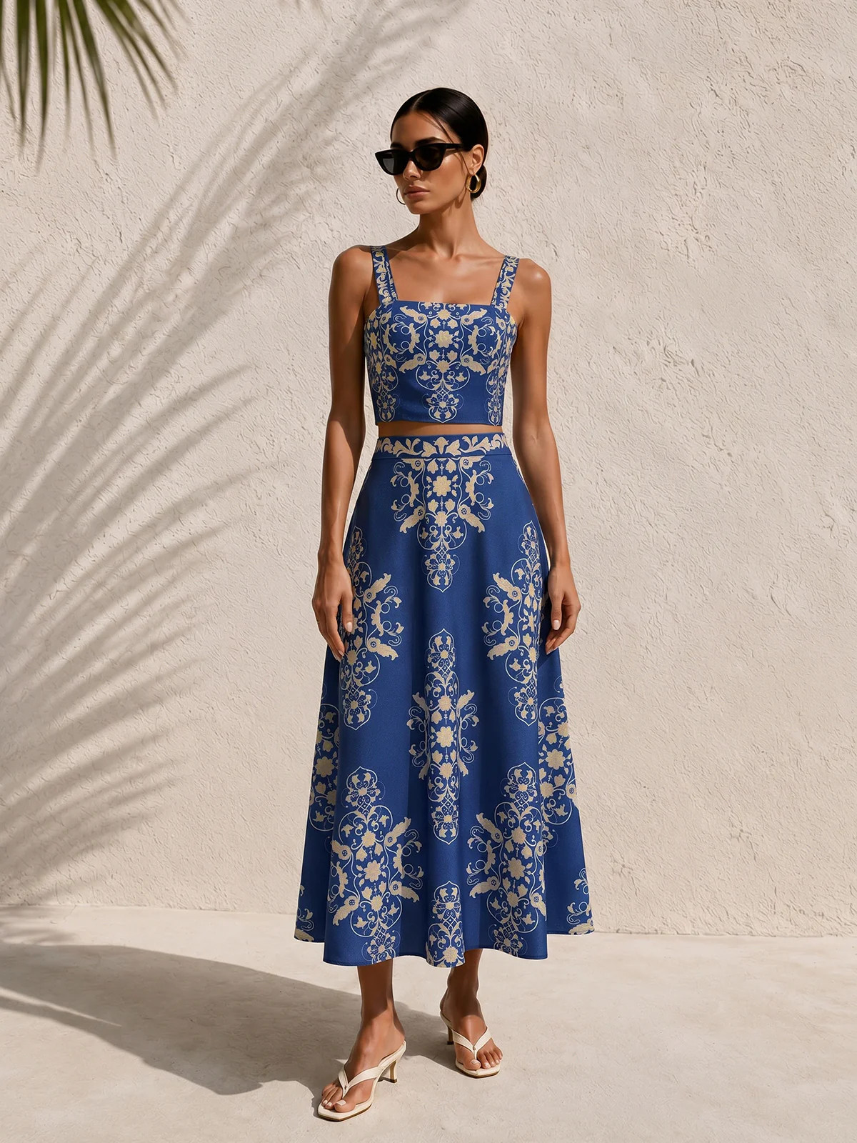 Baroque Print Cami Crop Top & Maxi Skirt Set | Commense