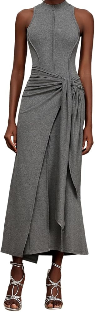 Gray Women's Bodycon Mock Neck Sleeveless Slit Maxi Evening Dress Elegant Ruched Knot Streamer Wr... | Amazon (US)