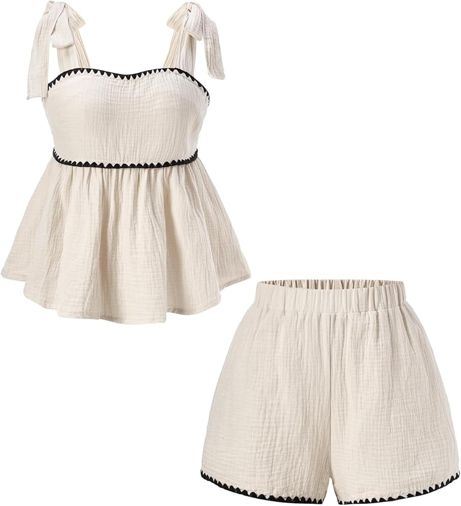 Women's 2 Piece Casual Summer Outfits Tie Shoulder Peplum Tank Top And Shorts Set Beach Vacation ... | Amazon (US)