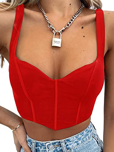 Women Corset Brami Crop Top Sexy V Neck Plunging Tight Plain Cropped Tank Tops Rave Euphoria Outfit Trendy Going Out Tops Casual Summer Red XXL | Amazon (US)