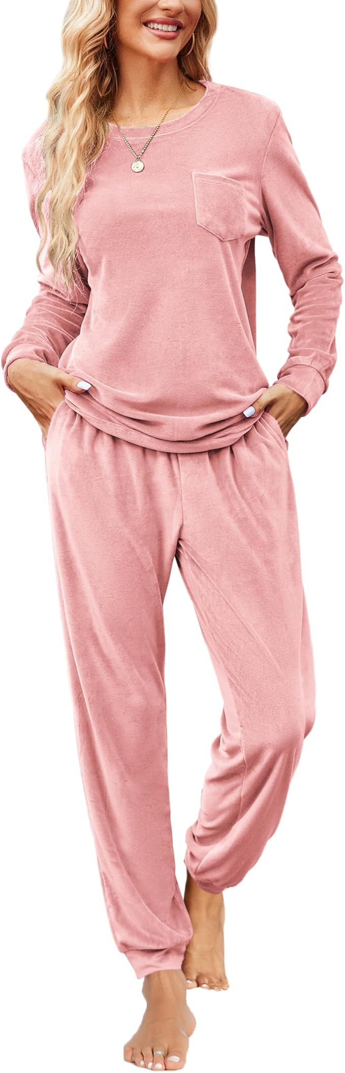 Ekouaer Womens Pajamas Sets Long Sleeve Soft Sleepwear 2 Piece Velvet Pjs Lounge Sets with Pocket... | Amazon (US)