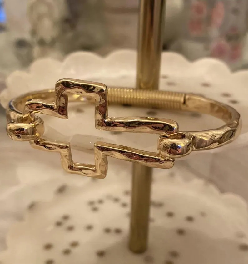 Gold Tone Hammered Open Cross Bangle Bracelet - Etsy | Etsy (US)