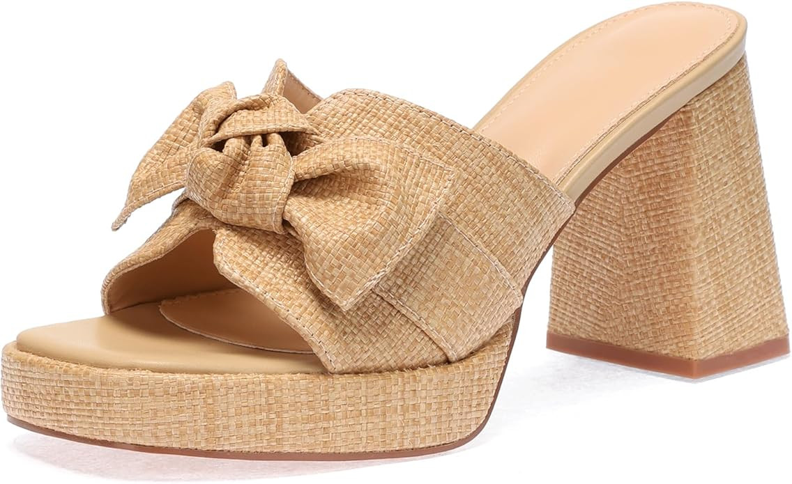 Monrovia Raffia Heeled Sandals for Women，Platform Wedge Slip On Block Heel, Dressy Summer Open ... | Amazon (US)