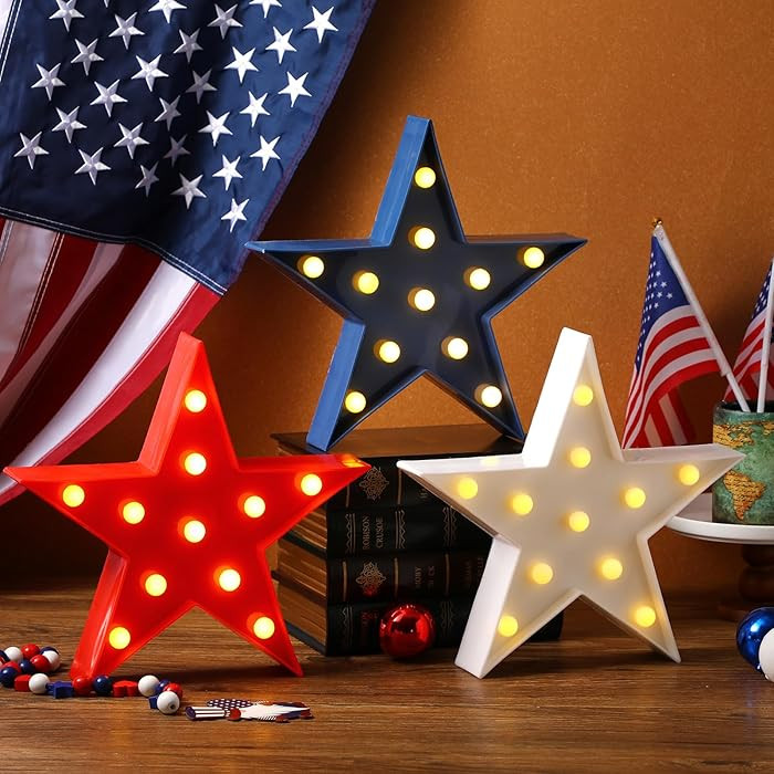 3 Pcs 4th of July Star Shaped Lights LED Independence Day Signs Red White and Blue Patriotic Star... | Amazon (US)