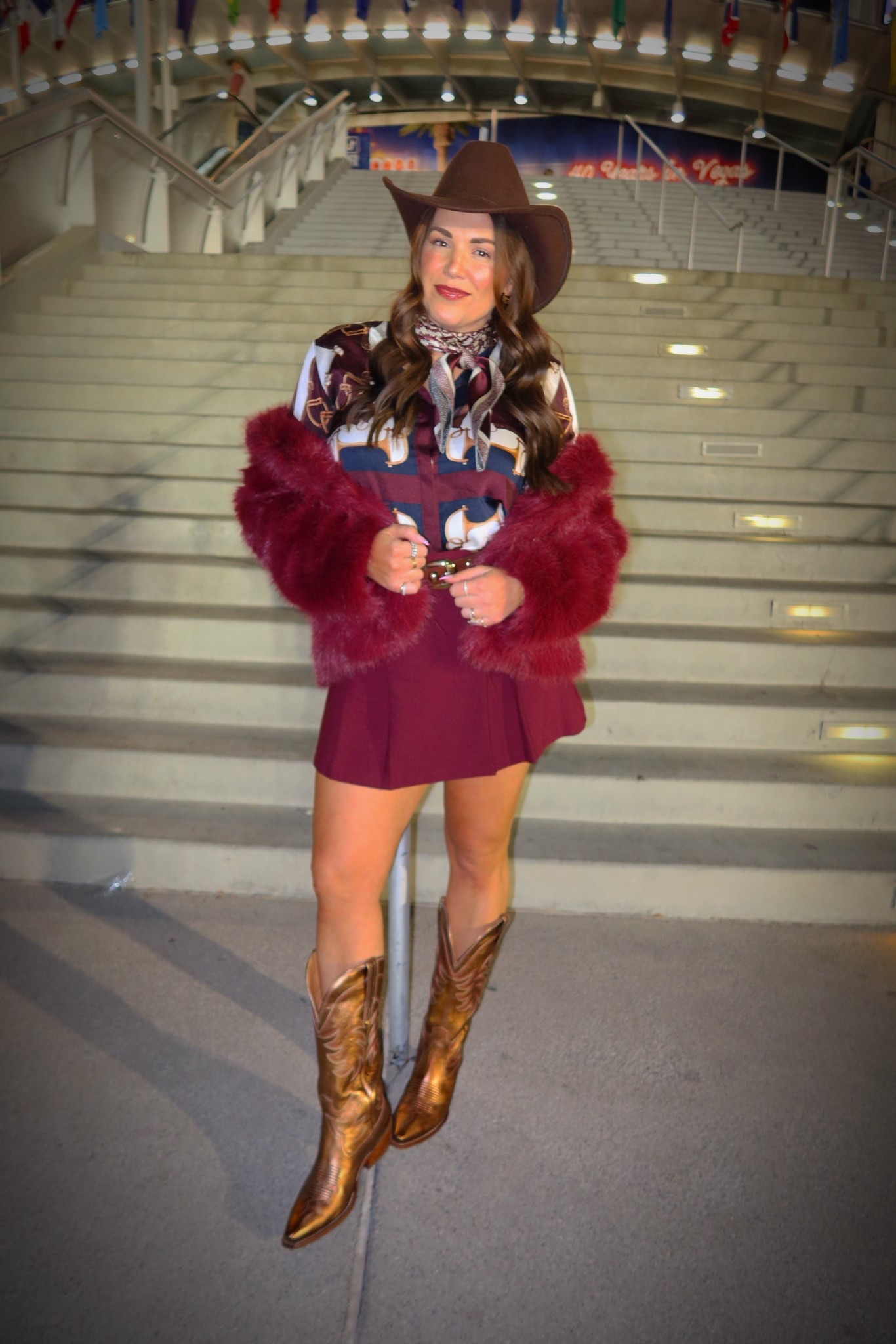 curvy midsize NFR western chic outfit! what im wearing to opening night of the National Finals Rodeo! wearing size large in top, xl in skirt, and large in faux fur  

#LTKHoliday #LTKMidsize #LTKSeasonal