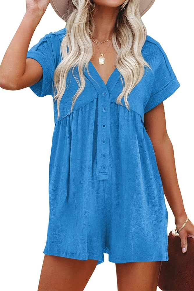 ReachMe Jumpsuits for Women Dressy Short Sleeve Rompers with Pockets Beach Jumpsuits Apparel Wide... | Amazon (US)