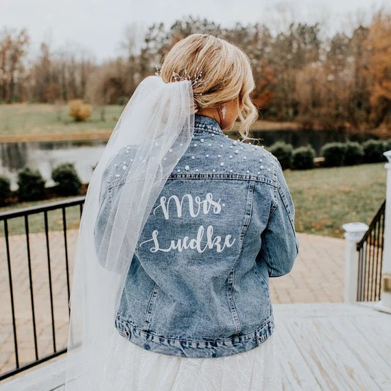 Mrs Denim Jacket with Pearls / Personalized Jean Jacket / Bride Jacket / Wedding Jacket / Gift Fo... | Etsy (US)