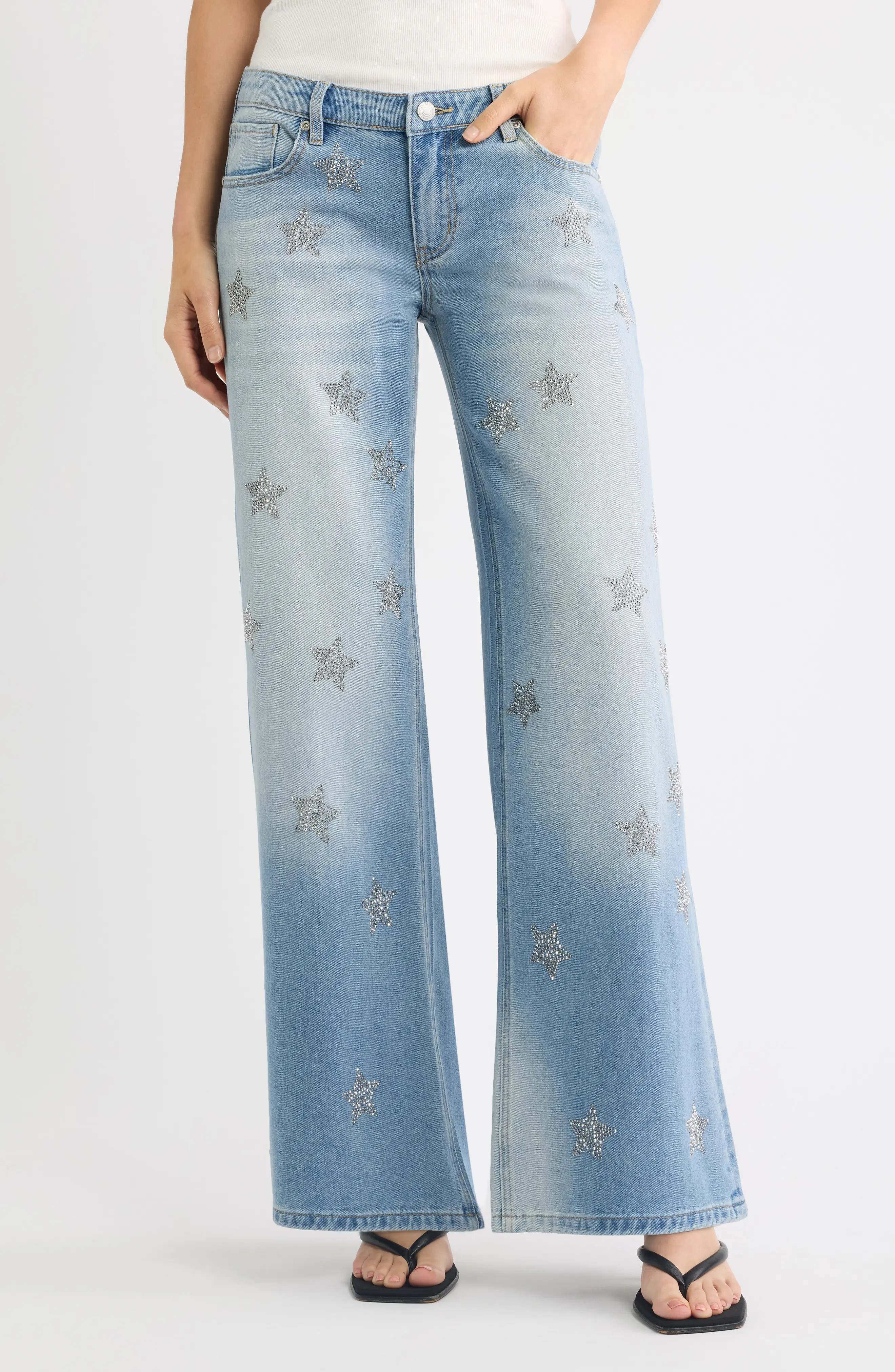 Fade Out Loud Star Studded Low Rise Wide Leg Jeans (Women) | Nordstrom | Nordstrom