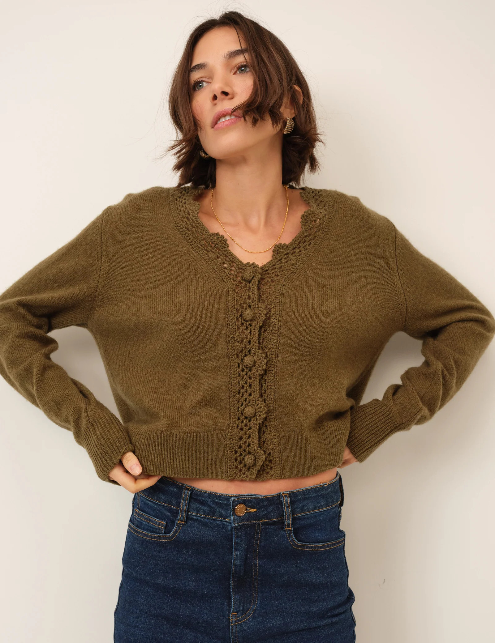 Green Wool Blend Crochet Trim V Neck Cardigan | Nobody's Child