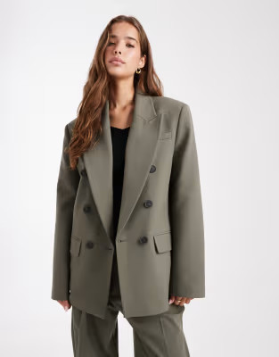 ASOS DESIGN tailored double breasted power blazer co-ord in olive | ASOS (Global)
