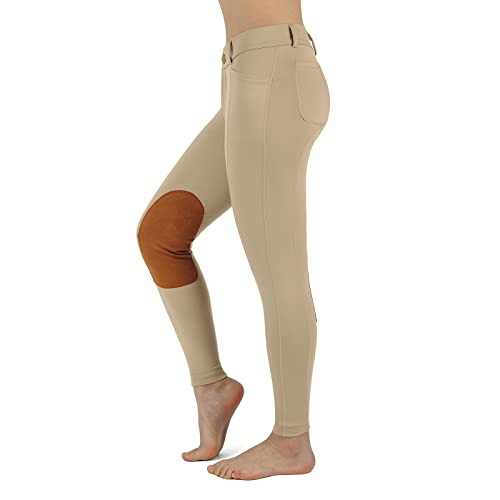 beroy Women Horse Riding Knee-Patches Pants Ladies Equestrian Front-Zip Breeches Legging with Pockets(Khaki, XL) | Amazon (US)