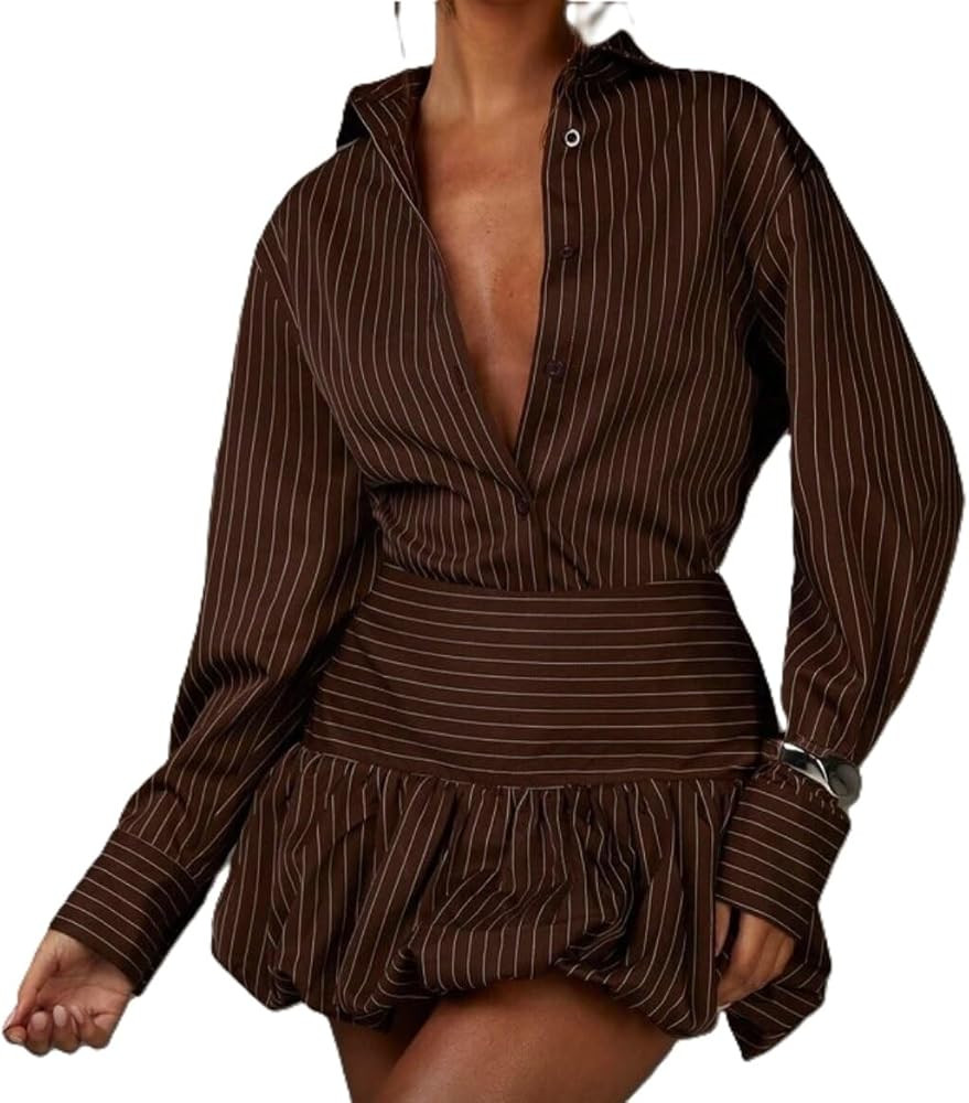 Melliflo Womens Button Down Pleated Shirt Dress Long Sleeve Striped Print Bubble Mini Dresses Cas... | Amazon (US)