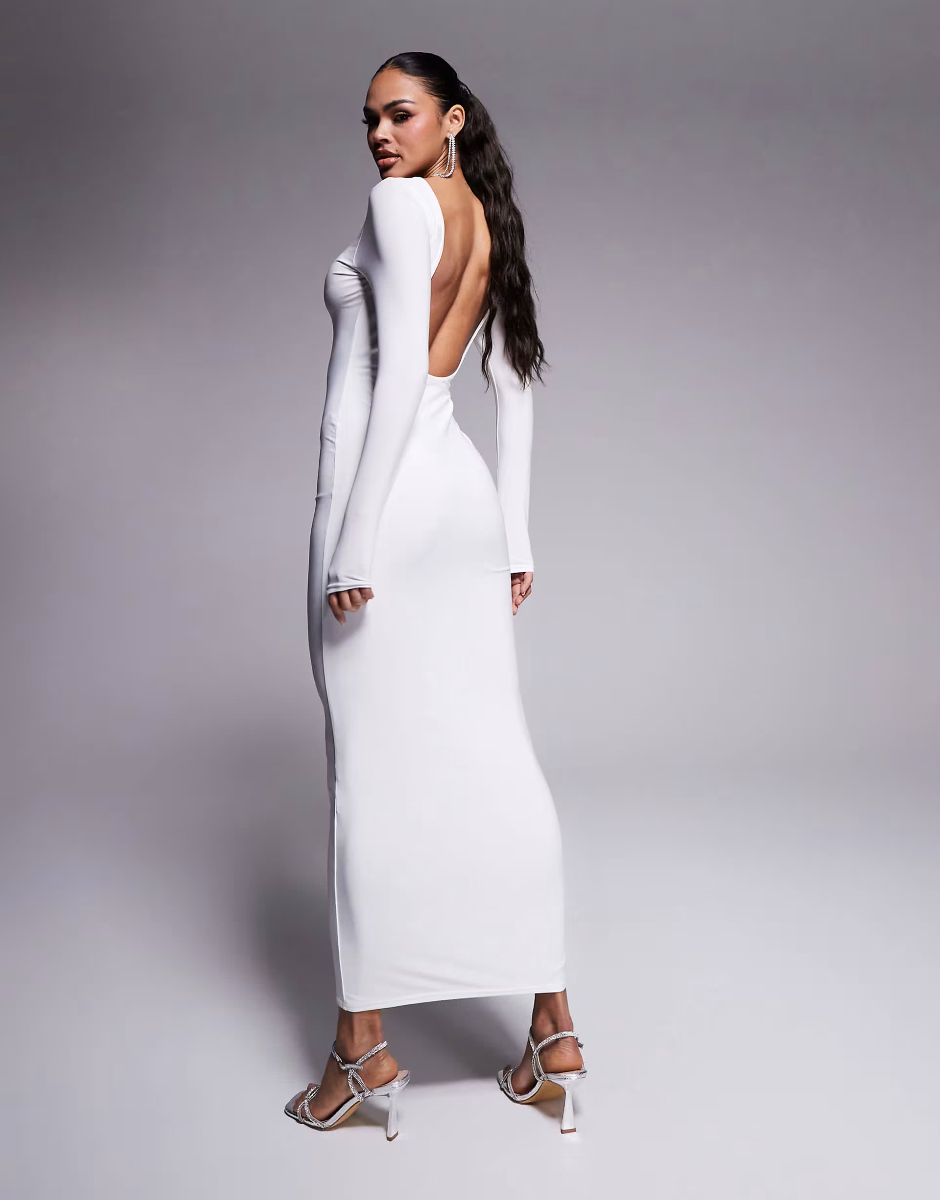 Kaiia slinky low back long sleeve maxi dress in white | ASOS | ASOS (Global)