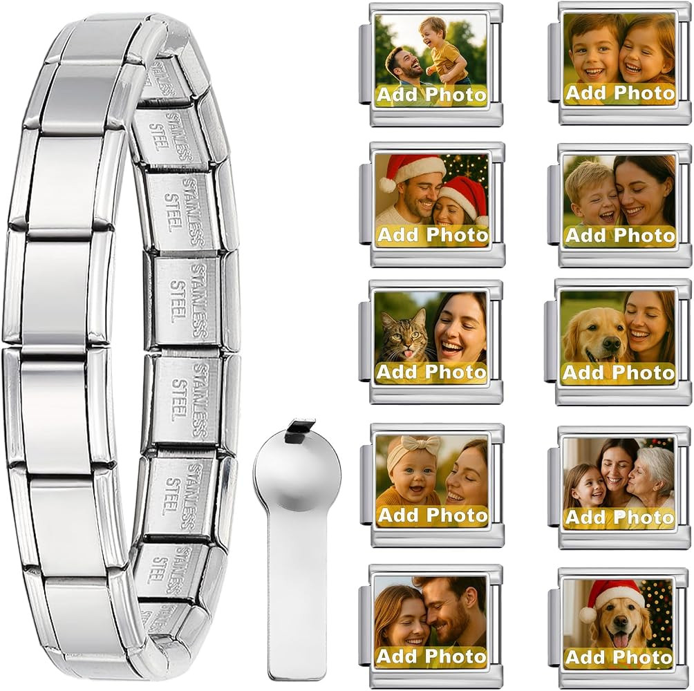 Italian Charm Bracelet Set with 10 Custom Photo Charms, Stainless Steel Gift Box & Tool \u2013 Pe... | Amazon (US)
