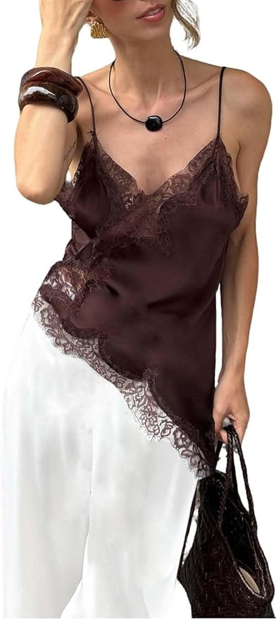 Women Long Lace Trim Spaghetti Strap Tank Silk Satin Asymmetrical Cami Top Flowy Layering Lace Sl... | Amazon (US)