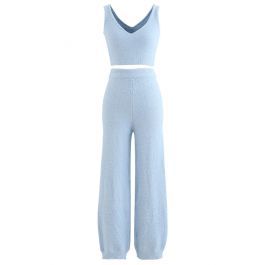 Fluffy Knit Crop Tank Top and Pants Set in Blue | Chicwish