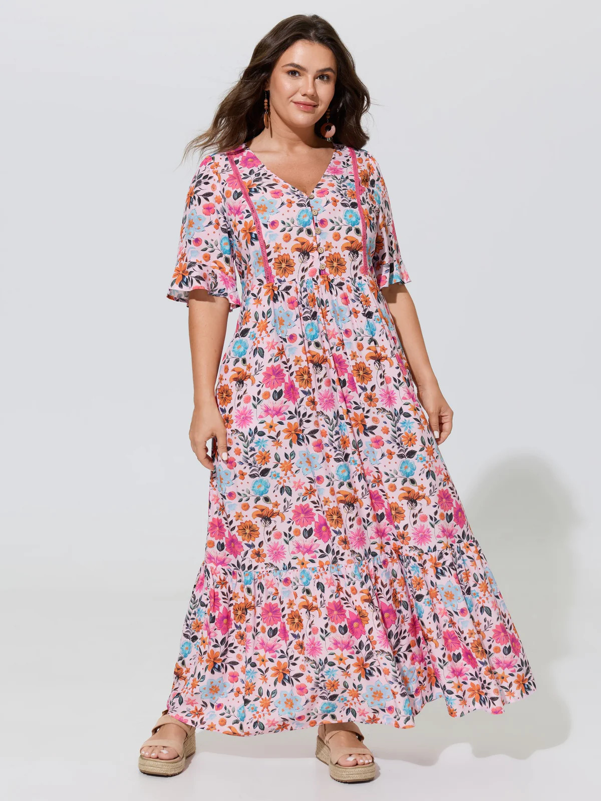 Rayon Floral Lace Trim Button Maxi Dress | Bloomchic