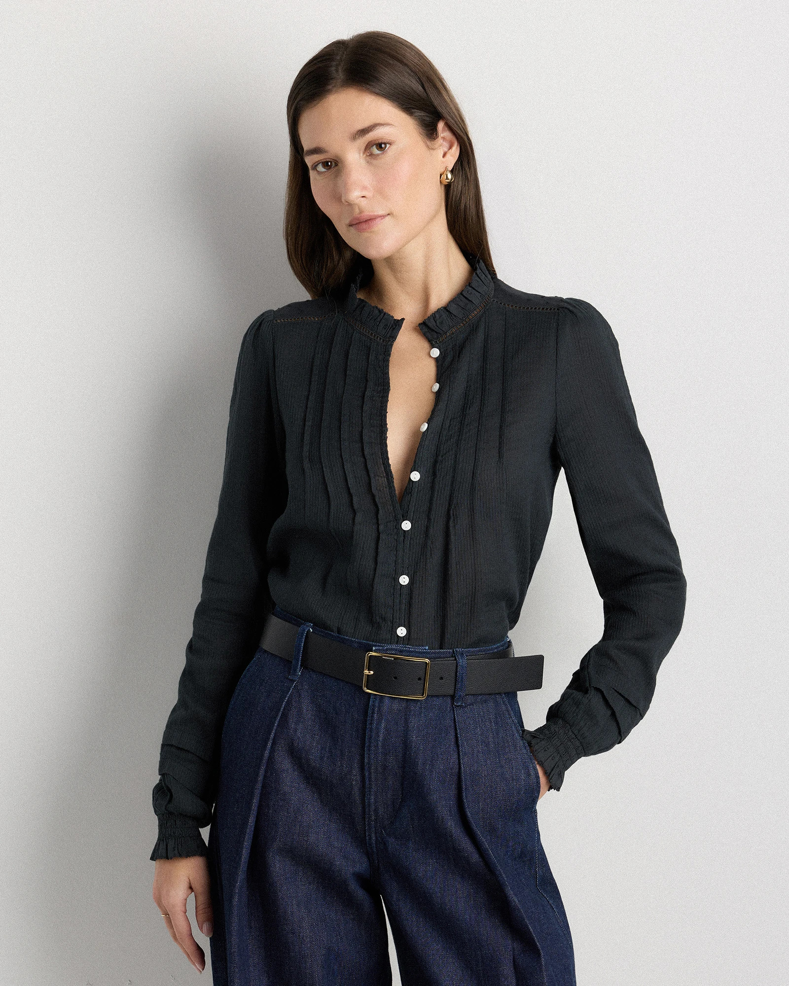 Quince | Women's Organic Textured Cotton Peasant Blouse in Cafe au Lait, Size Large, Organic Cotton | Quince