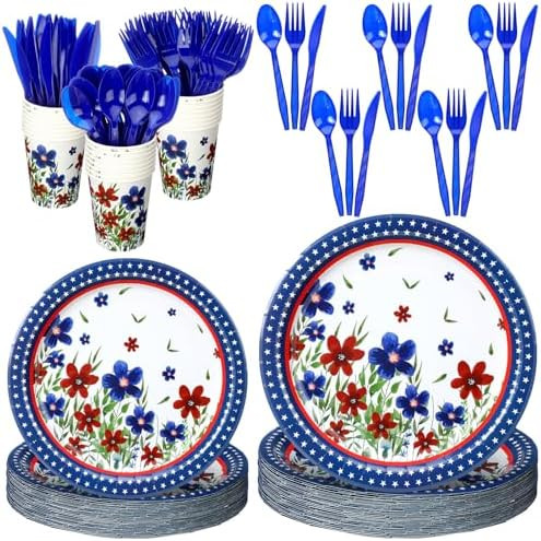 150 Pcs 4th of July Poppy Flower Tableware Set 4th of July Plates for 25 Guest 250th Anniversary ... | Amazon (US)