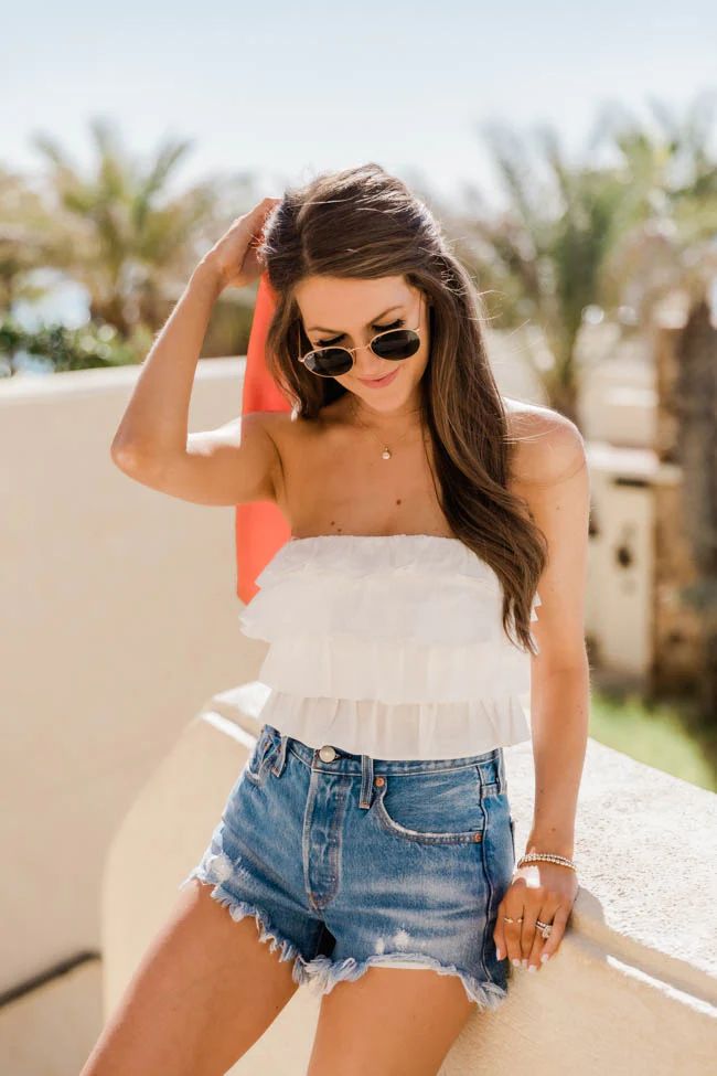 CAITLIN COVINGTON X PINK LILY The Honolulu Ruffle White Tube Top | The Pink Lily Boutique