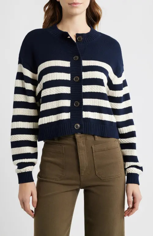 FRAME The Variation Stripe Cotton Cardigan in Navy Multi at Nordstrom, Size Large | Nordstrom