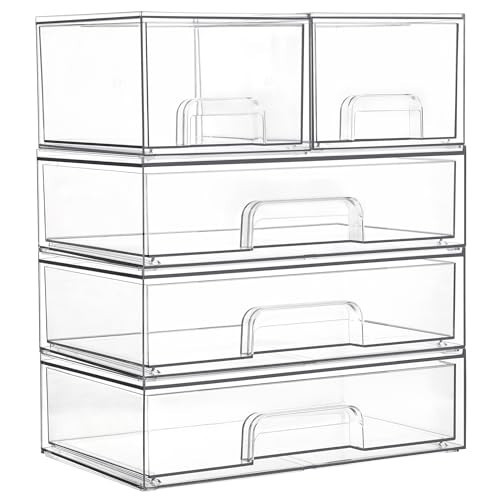 Vtopmart Clear Stackable Storage Drawers Set of 5, Plastic Organizer Bins for Makeup, Cosmetics, Beauty Supplies,Ideal for Vanity, Bathroom,Cabinet,Pantry Organization | Amazon (US)