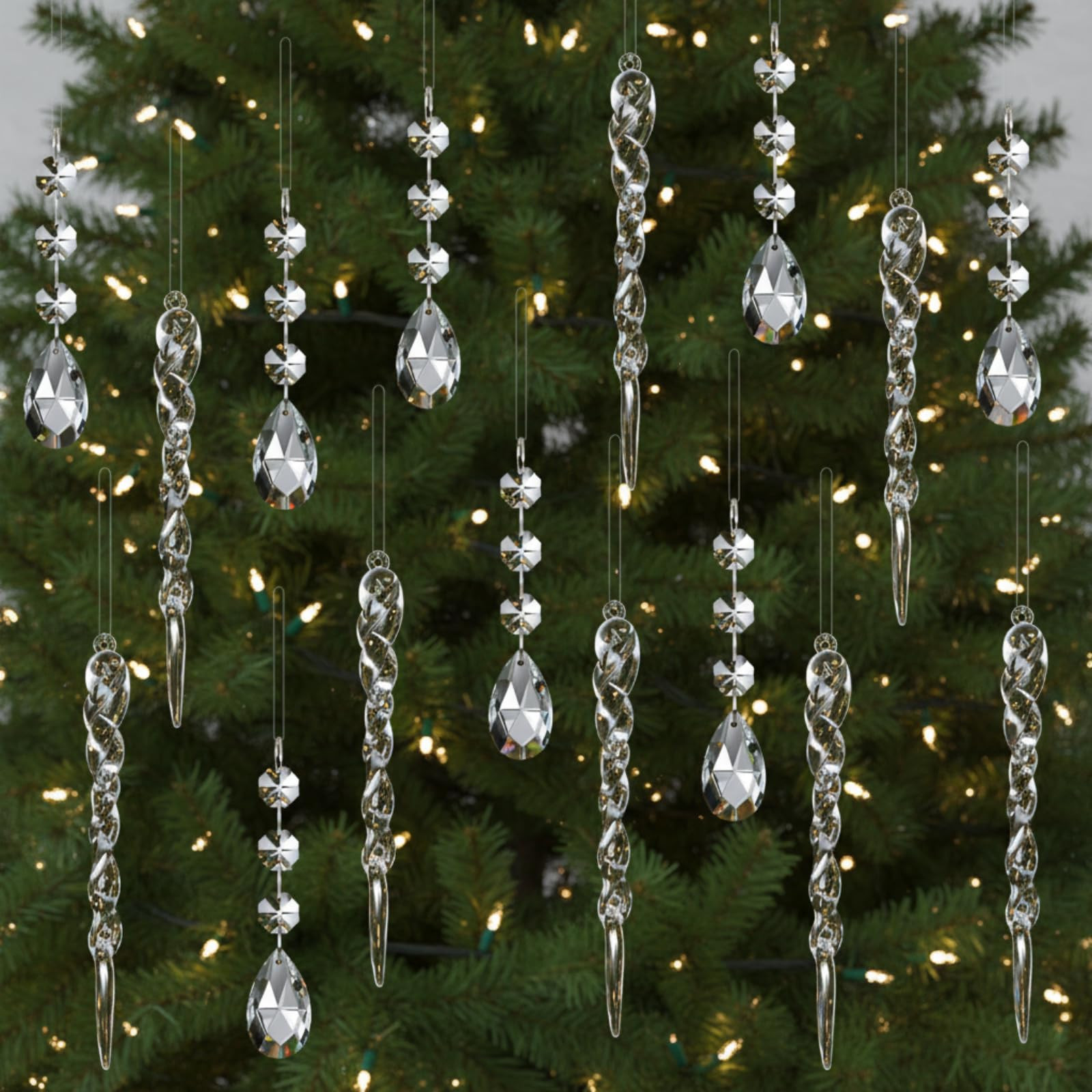Qunclay 60 Pcs Clear Acrylic Icicle Christmas Tree Ornaments Crystal Ball Drops Clear Teardrop Ch... | Amazon (US)