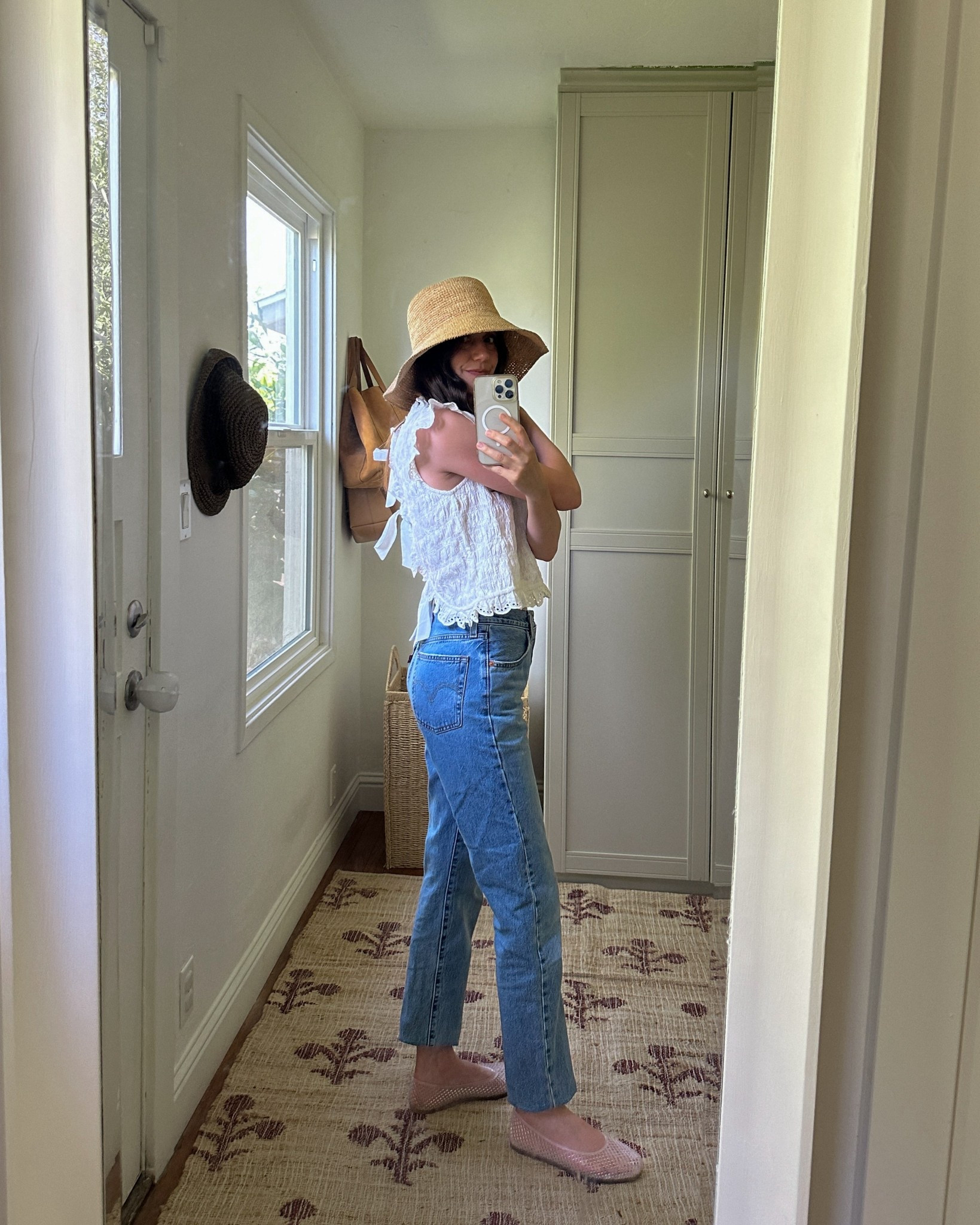 Spring outfit in Sézane and Levi’s. My straw hat from last year is also back in stock! 
Sézane Top: sized up to my larger size
Levi’s 501 jeans: took my larger size 
Target Jellies: took my smaller size 

spring style, casual outfit, summer style, mom jeans, jellies, summer shoes, spring shoes



#LTKShoeCrush #LTKFindsUnder50 #LTKFindsUnder100