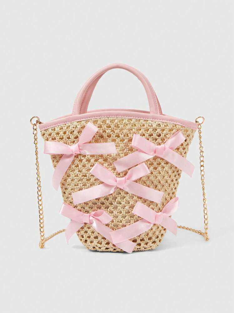 Straw bag with pink bows | SHEIN