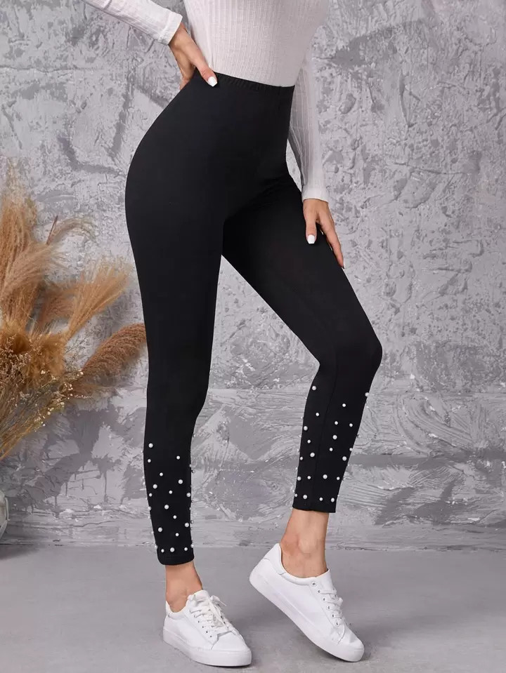 EMERY ROSE High Waist Pearl Beaded Leggings | SHEIN