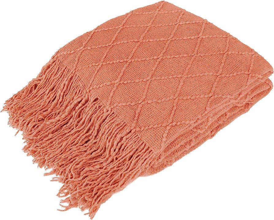 PAVILIA Knitted Throw Blanket Fringe Coral Orange Peach Salmon | Decorative Tassel Boho Farmhouse... | Amazon (US)