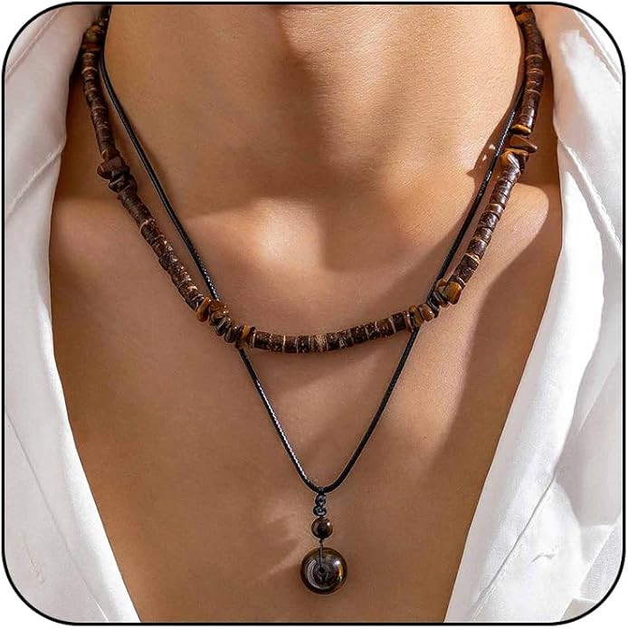 Layered Puka Shell Necklace for Men Brown Coconut Wood Beads Necklace Boho Mens Summer Necklace S... | Amazon (US)