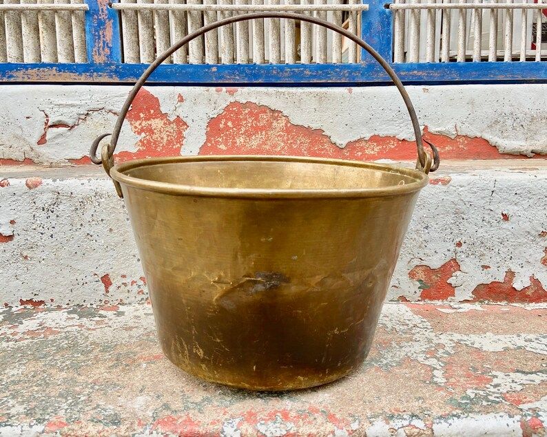 Vintage Brass Pot with forged Iron Handle, Antique Brass Pot, Planter, Flower Pot, Kettle, Hangin... | Etsy (US)