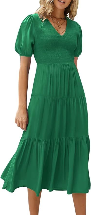ANRABESS Women's Summer Puff Short Sleeve V Neck Smocked Tiered Swing A Line Beach Midi Dress wit... | Amazon (US)