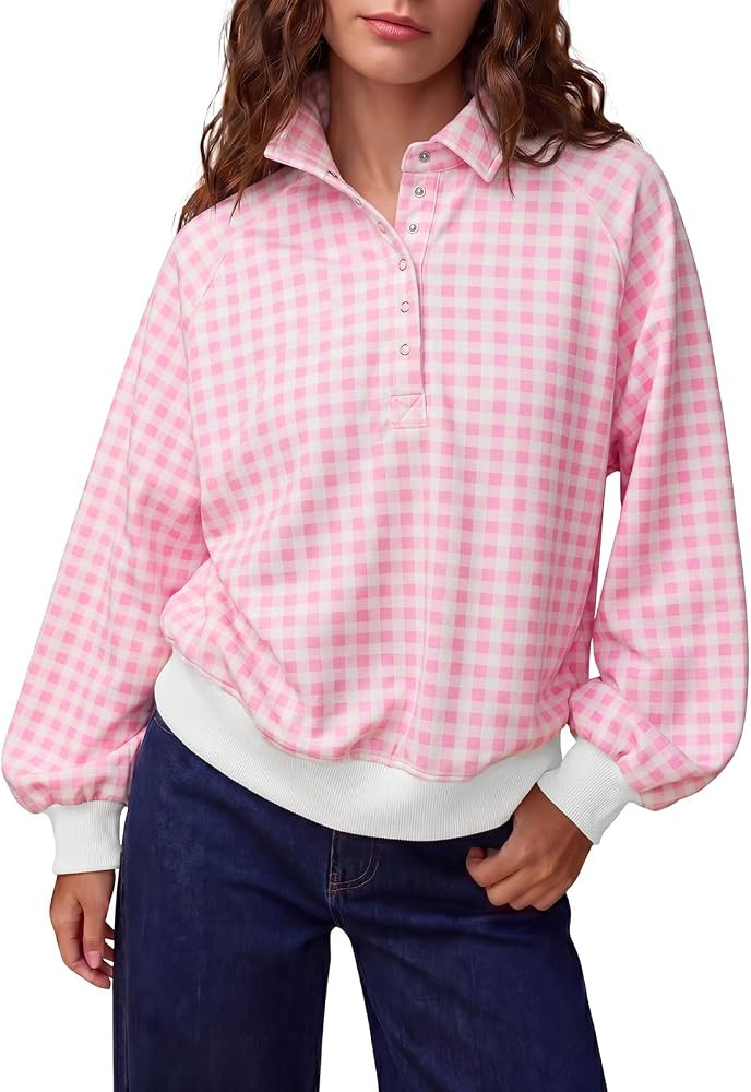 Fisoew Womens Oversized Sweatshirts Casual Long Sleeve Gingham Quarter Snap Stand Collar Loose Pu... | Amazon (US)